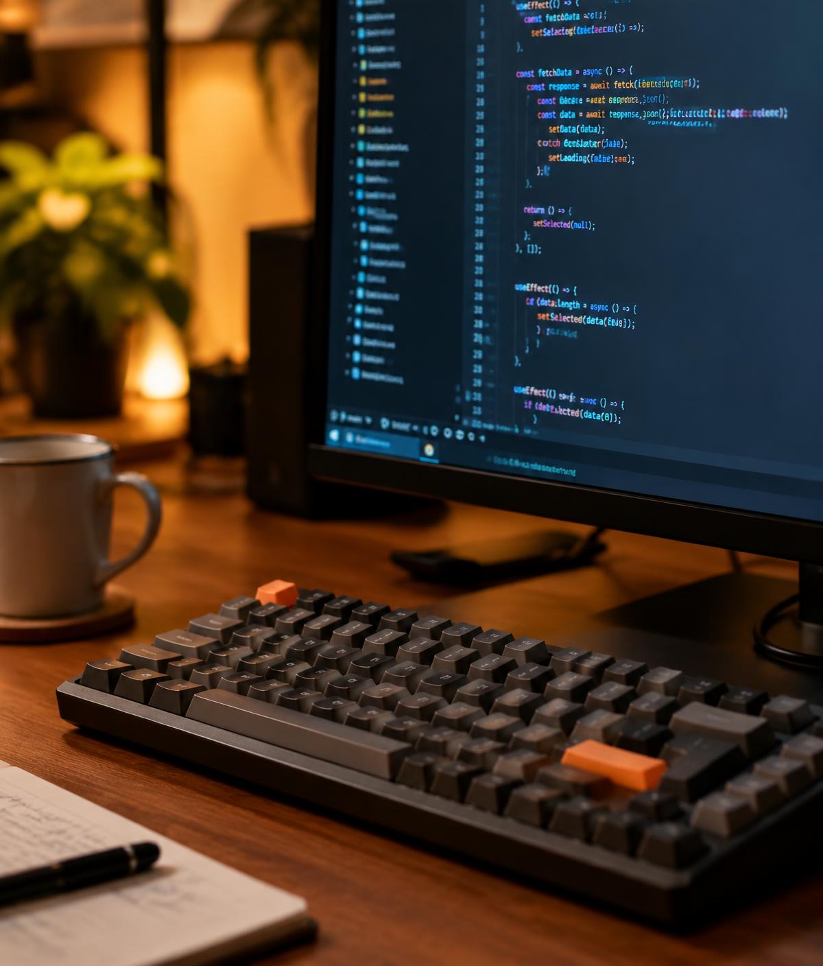 Mechanical keyboard in front of a monitor displaying source code in a code editor