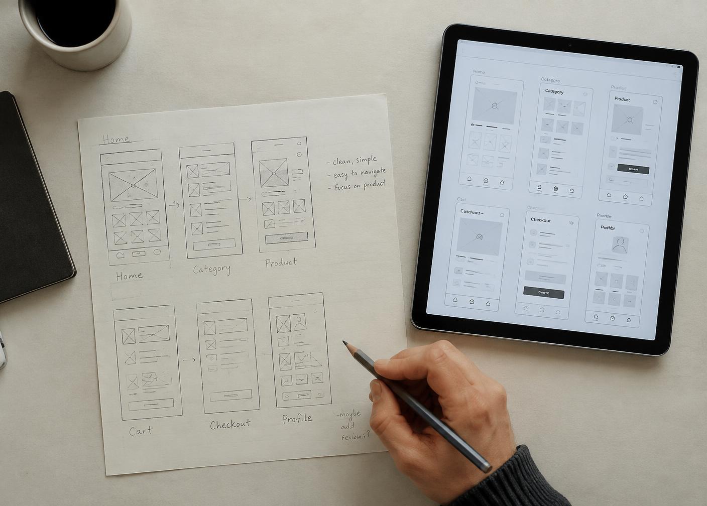 Designer sketching mobile wireframes on paper next to a tablet showing interface layouts